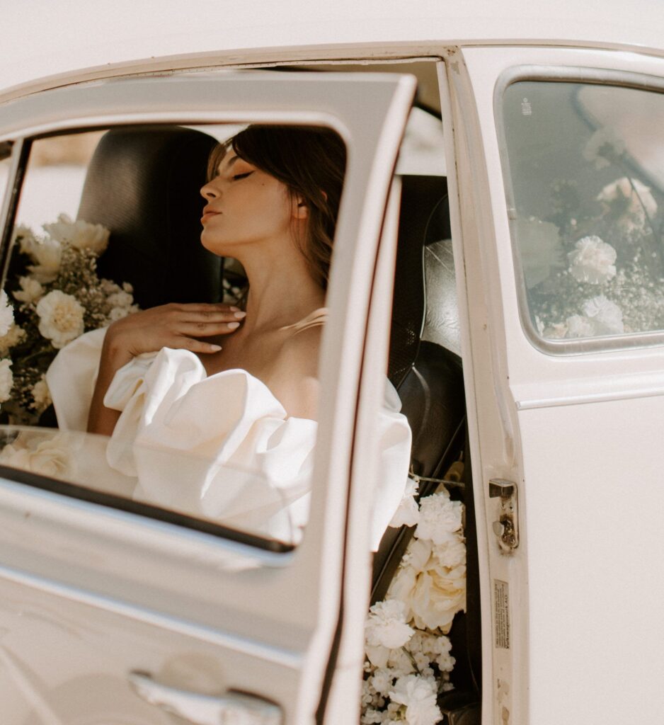 Wedding bride photography with car