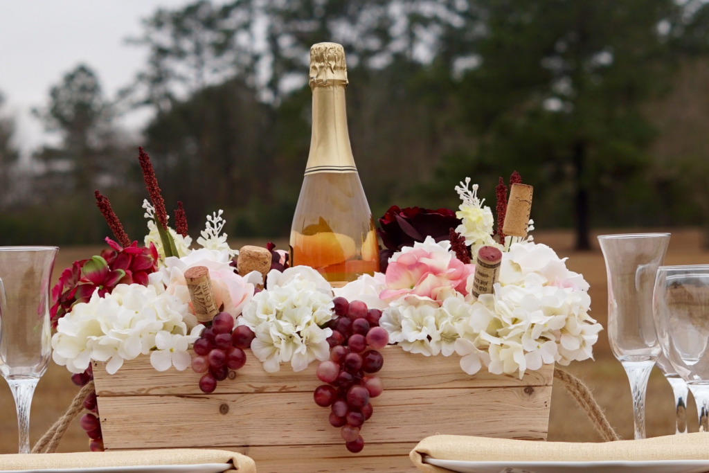 Wooden Crates decorated in a beautiful way as floral centerpieces